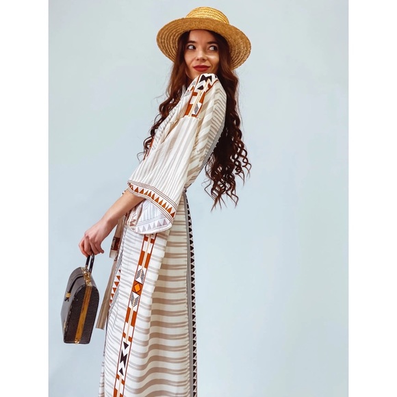 Boho Aztec Tribal Cream Tan & Black Kimono Beach Coverup Duster - Picture 7 of 16